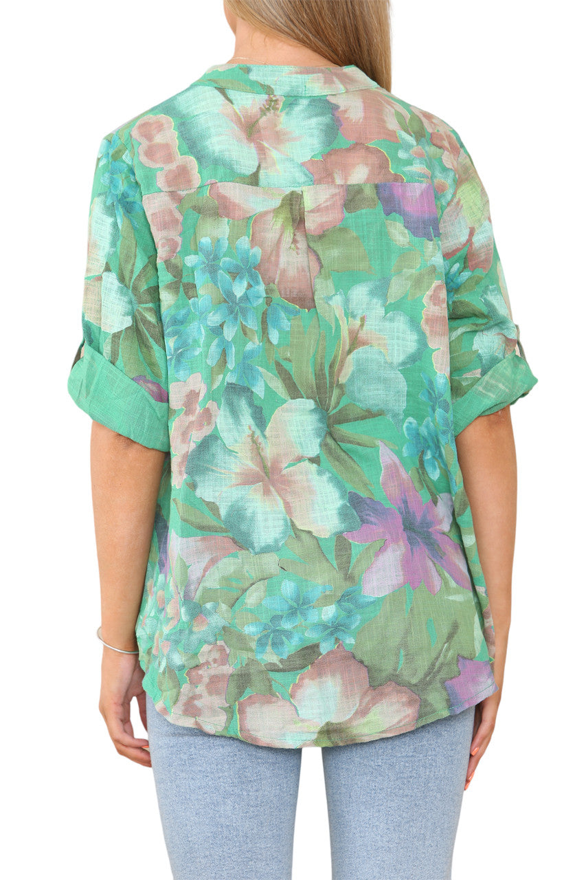 TROPICAL PRINT GRANDAD SHIRT GREEN