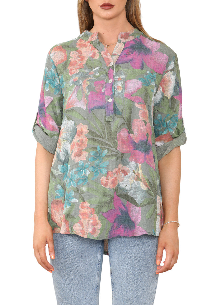 OVERSHEMD TROPICAL PRINT KAKI