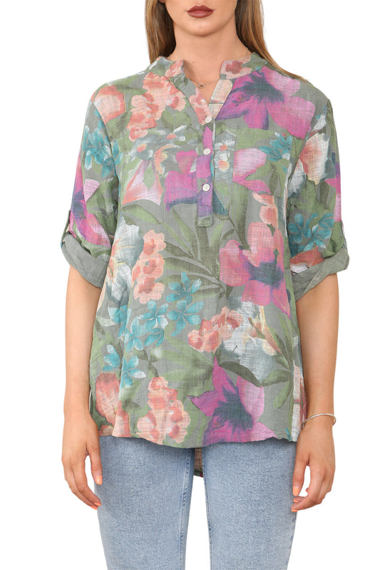 OVERSHEMD TROPICAL PRINT KAKI