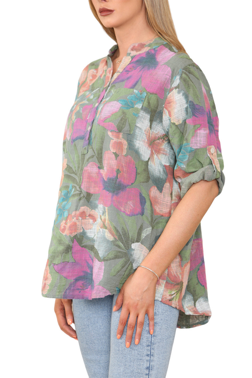 OVERSHEMD TROPICAL PRINT KAKI