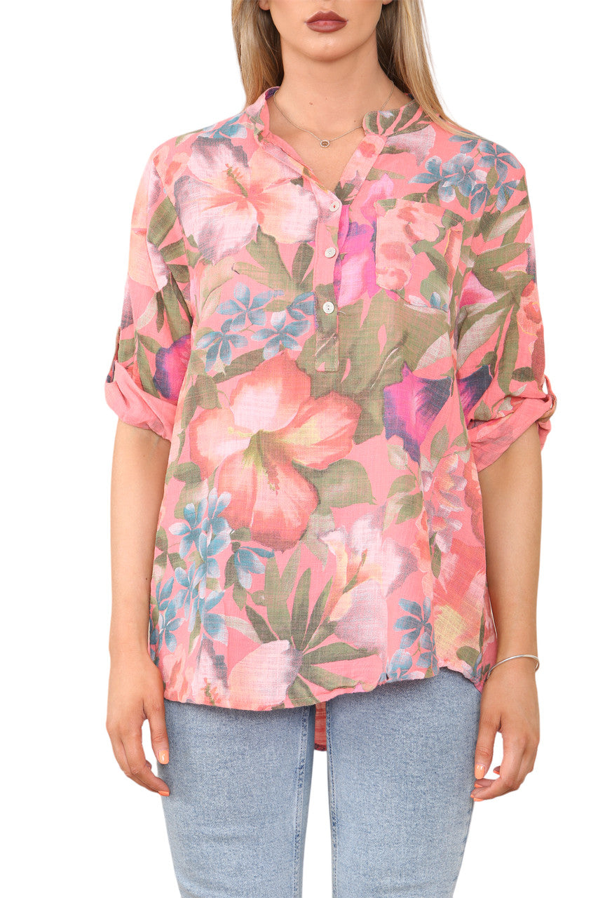 TROPICAL PRINT GRANDAD SHIRT CORAL