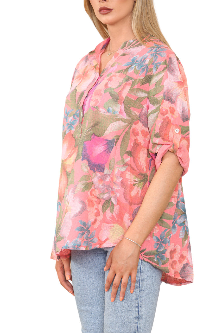 TROPICAL PRINT GRANDAD SHIRT CORAL