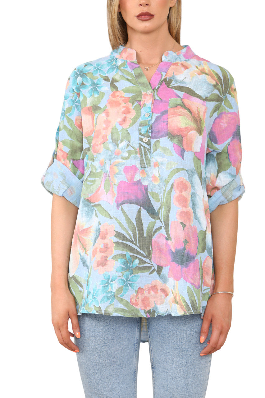 TROPICAL PRINT GRANDAD SHIRT LIGHT BLUE