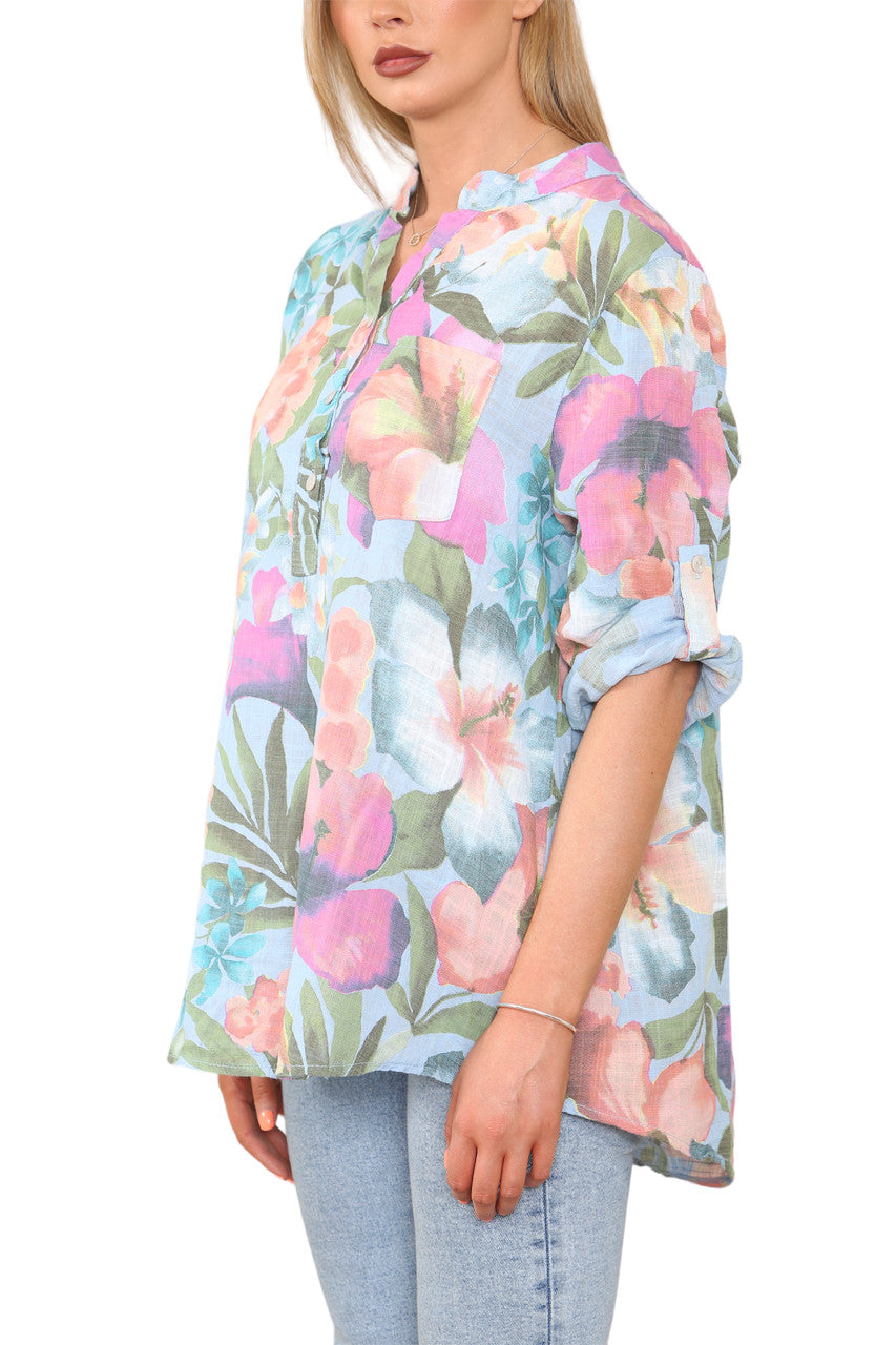 TROPICAL PRINT GRANDAD SHIRT LIGHT BLUE