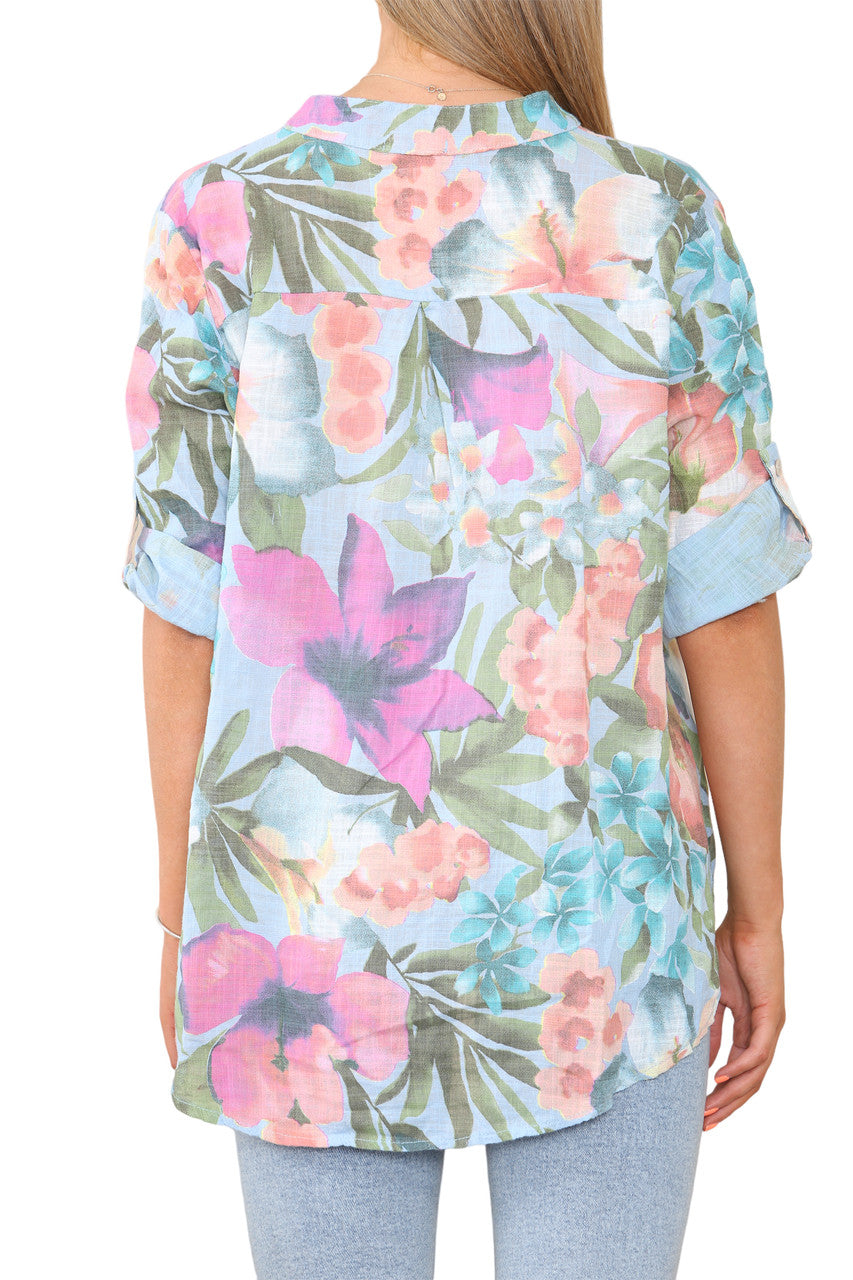 TROPICAL PRINT GRANDAD SHIRT LIGHT BLUE