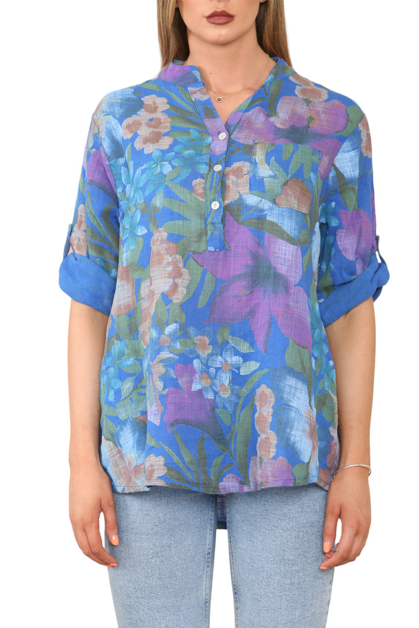 TROPICAL PRINT GRANDAD SHIRT ROYAL BLUE