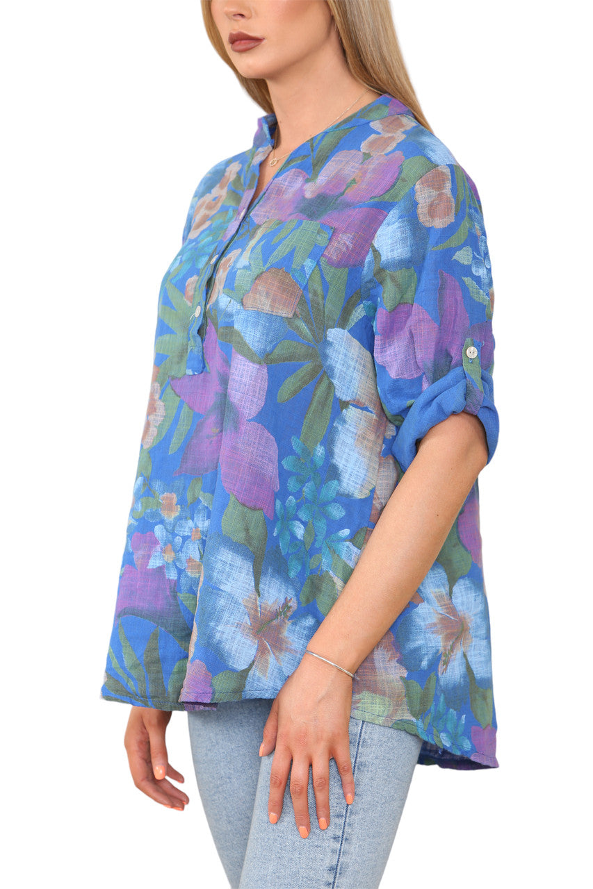 TROPICAL PRINT GRANDAD SHIRT ROYAL BLUE
