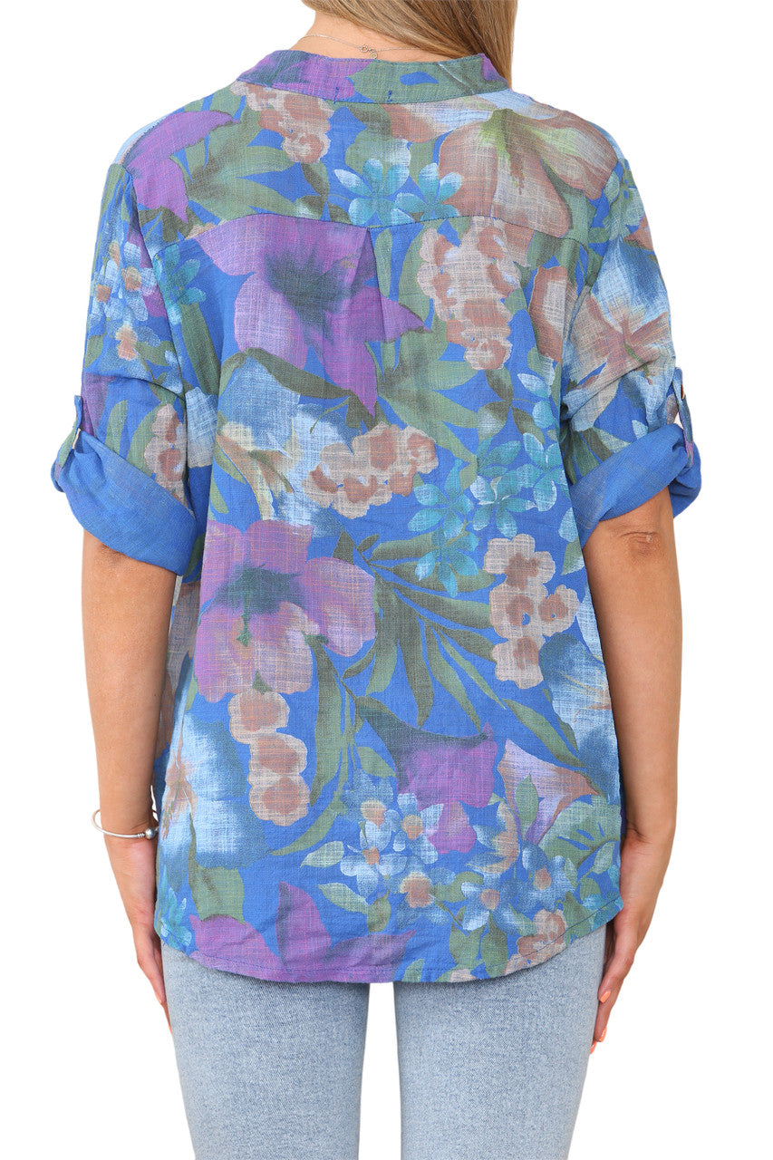 TROPICAL PRINT GRANDAD SHIRT ROYAL BLUE