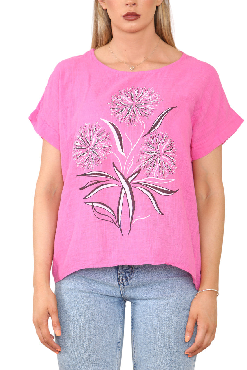 Ladies Dandelion Silhouette Print Top Cerise
