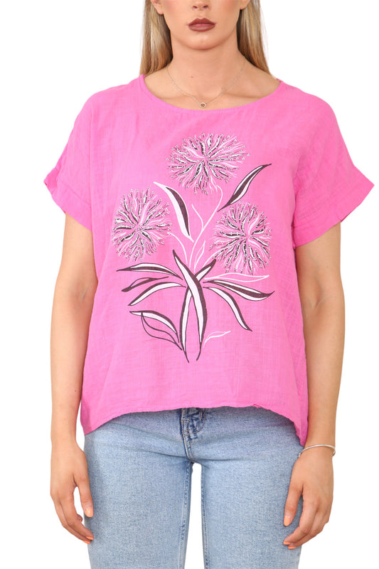 Ladies Dandelion Silhouette Print Top Cerise