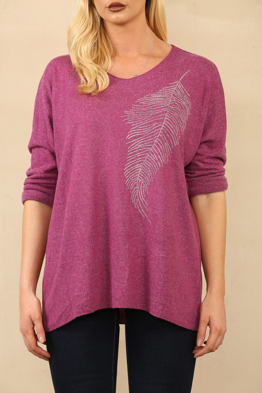 DIAMANTE FEATHER FINE KNIT JUMPER PLUM
