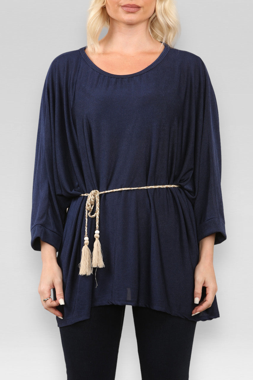 BATWING TOP MET ROZE STROPDAS RIEM/KETTING MARINEBLAUW
