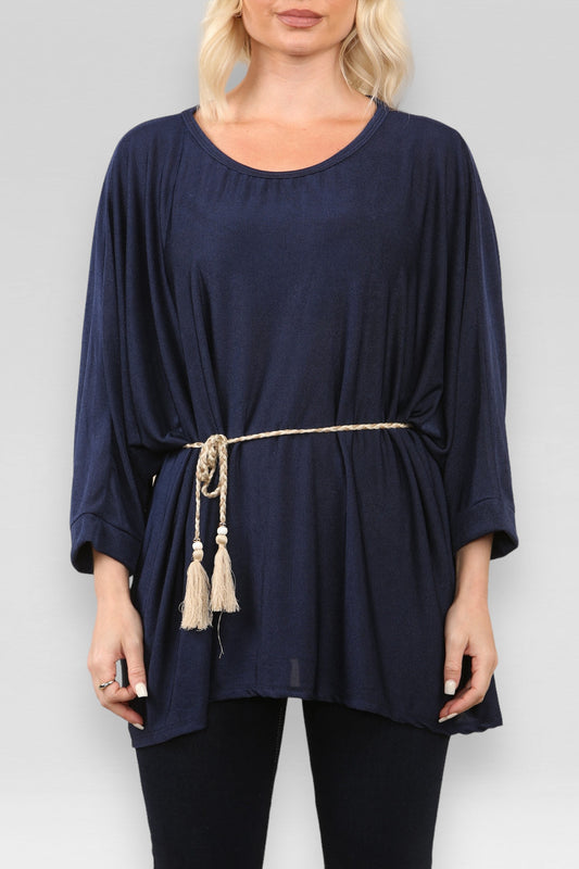 BATWING TOP WITH ROPE TIE BELT/NECKLACE NAVY