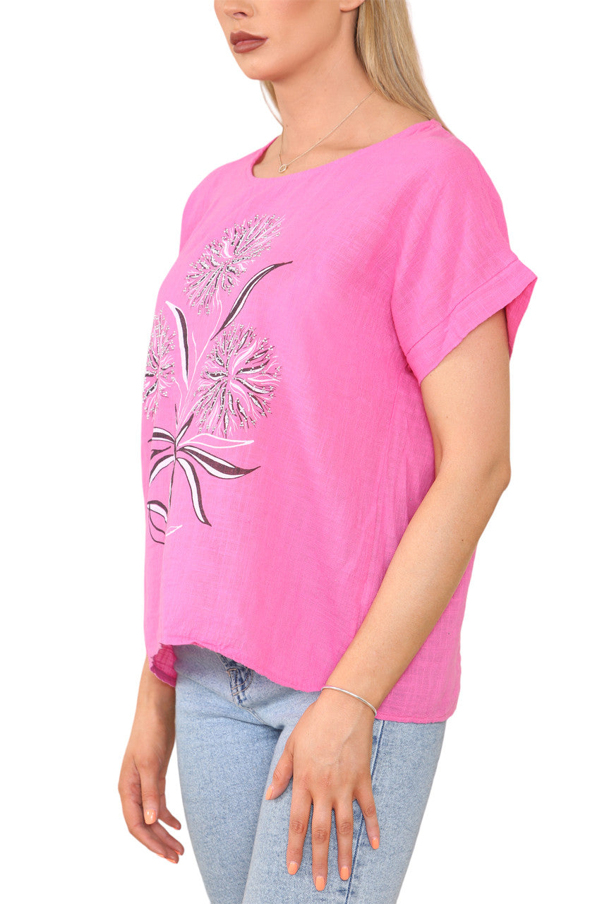 Ladies Dandelion Silhouette Print Top Cerise