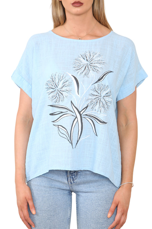 Ladies Dandelion Silhouette Print Top Light Blue