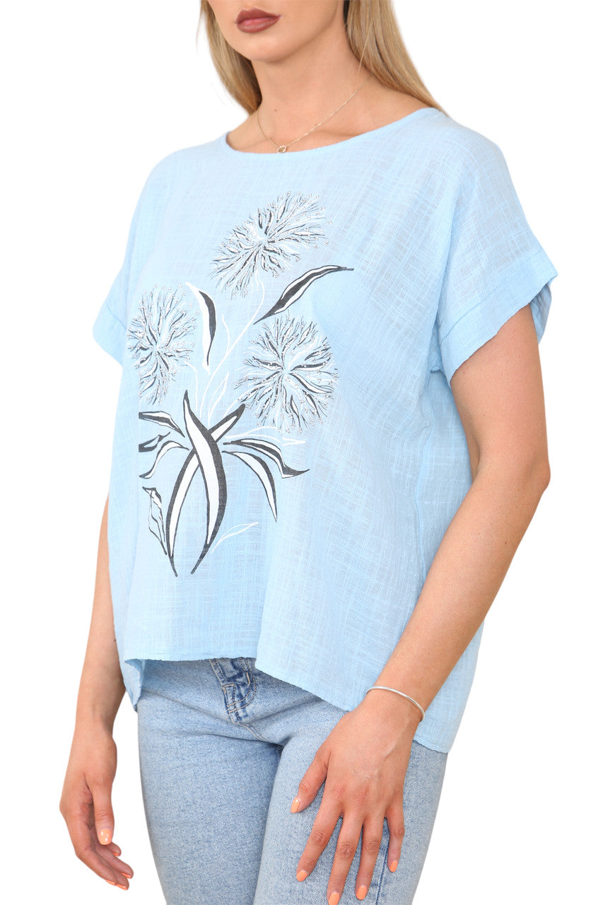 Dames Top met Paardenbloem Silhouet Print Lichtblauw