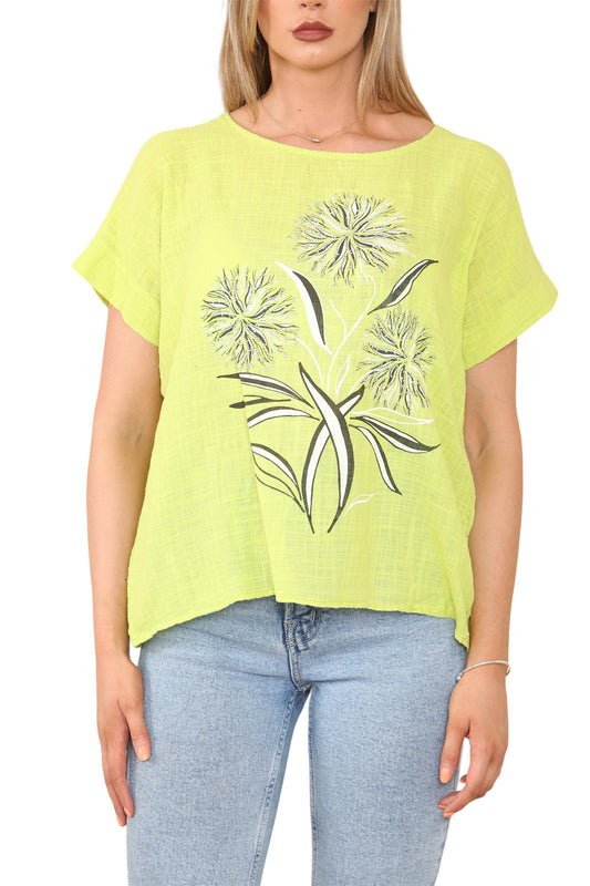 Ladies Dandelion Silhouette Print Top Lime