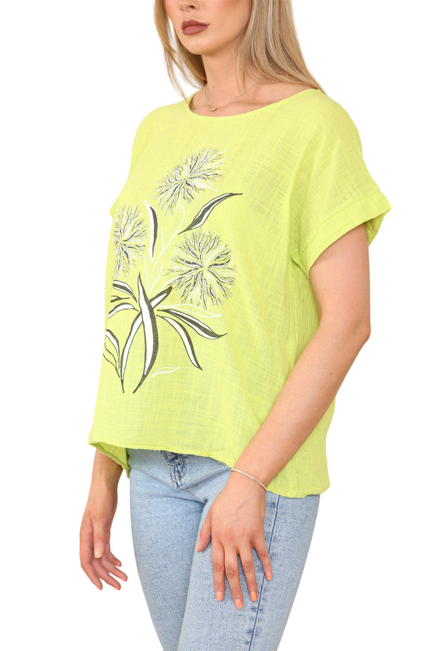 Ladies Dandelion Silhouette Print Top Lime