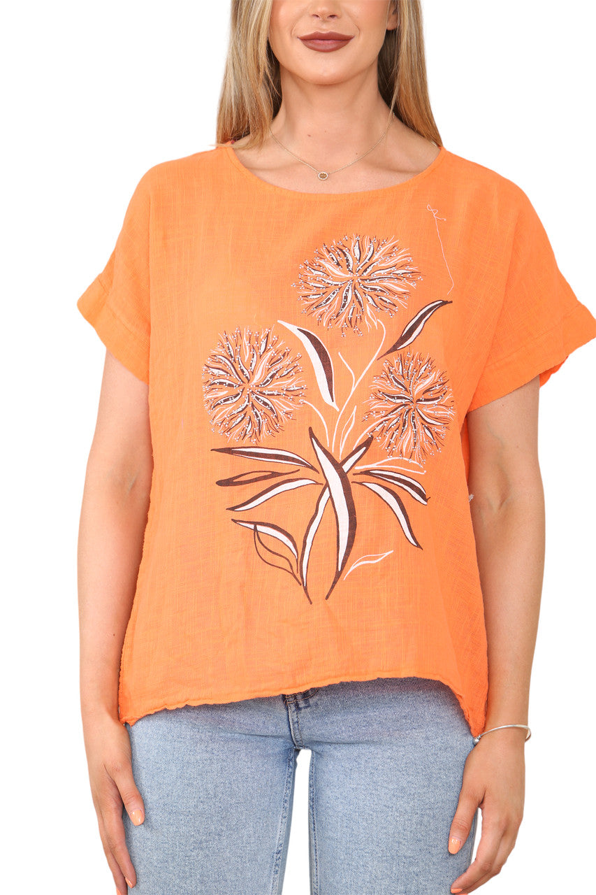 Ladies Dandelion Silhouette Print Top Orange