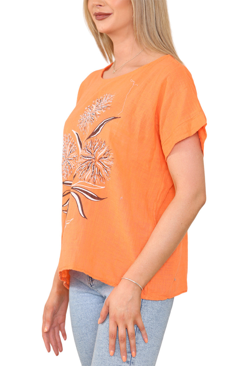 Ladies Dandelion Silhouette Print Top Orange