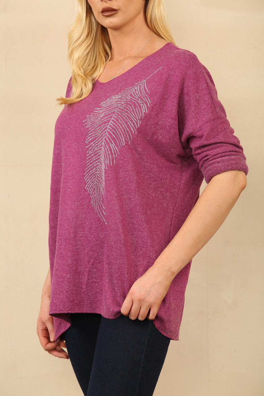 DIAMANTE FEATHER FINE KNIT JUMPER PLUM