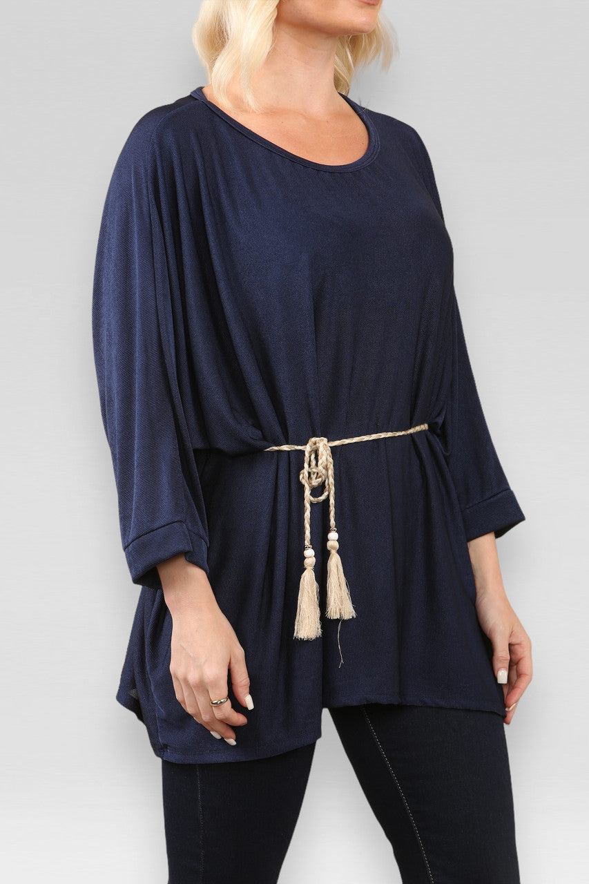 BATWING TOP MET ROZE STROPDAS RIEM/KETTING MARINEBLAUW