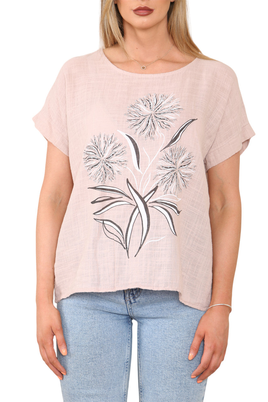 Ladies Dandelion Silhouette Print Top Dusty Pink