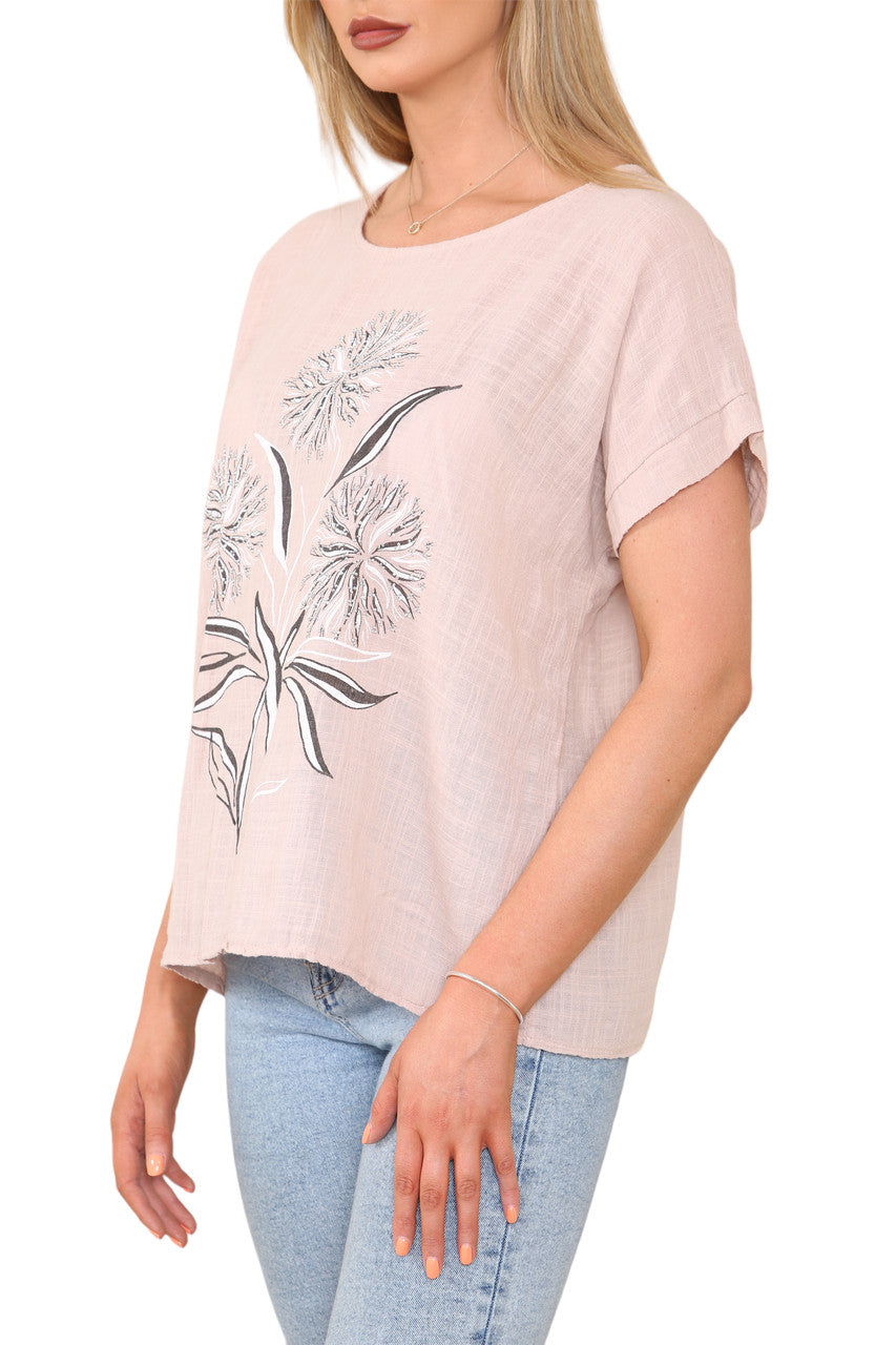 Ladies Dandelion Silhouette Print Top Dusty Pink
