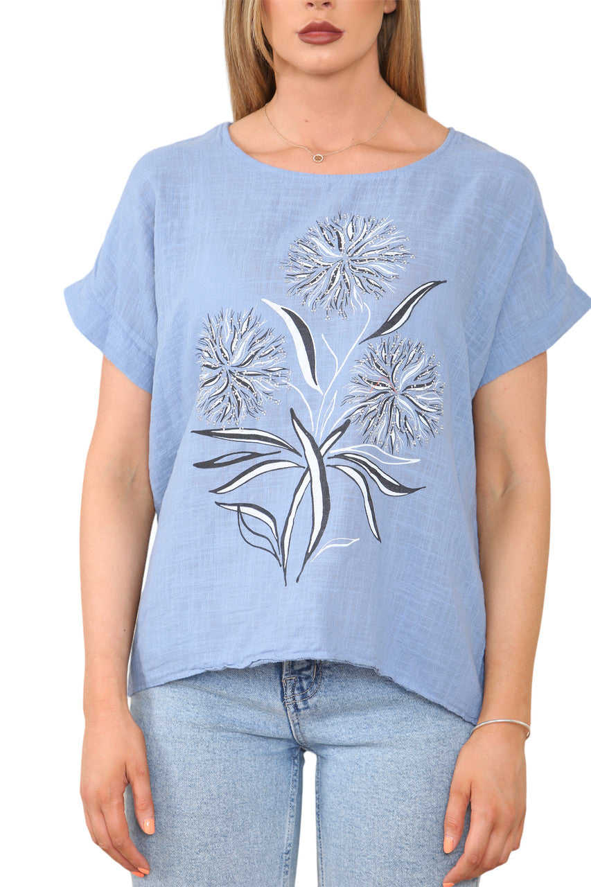 Dames T-shirt met paardenbloem silhouet spijkerbroekprint