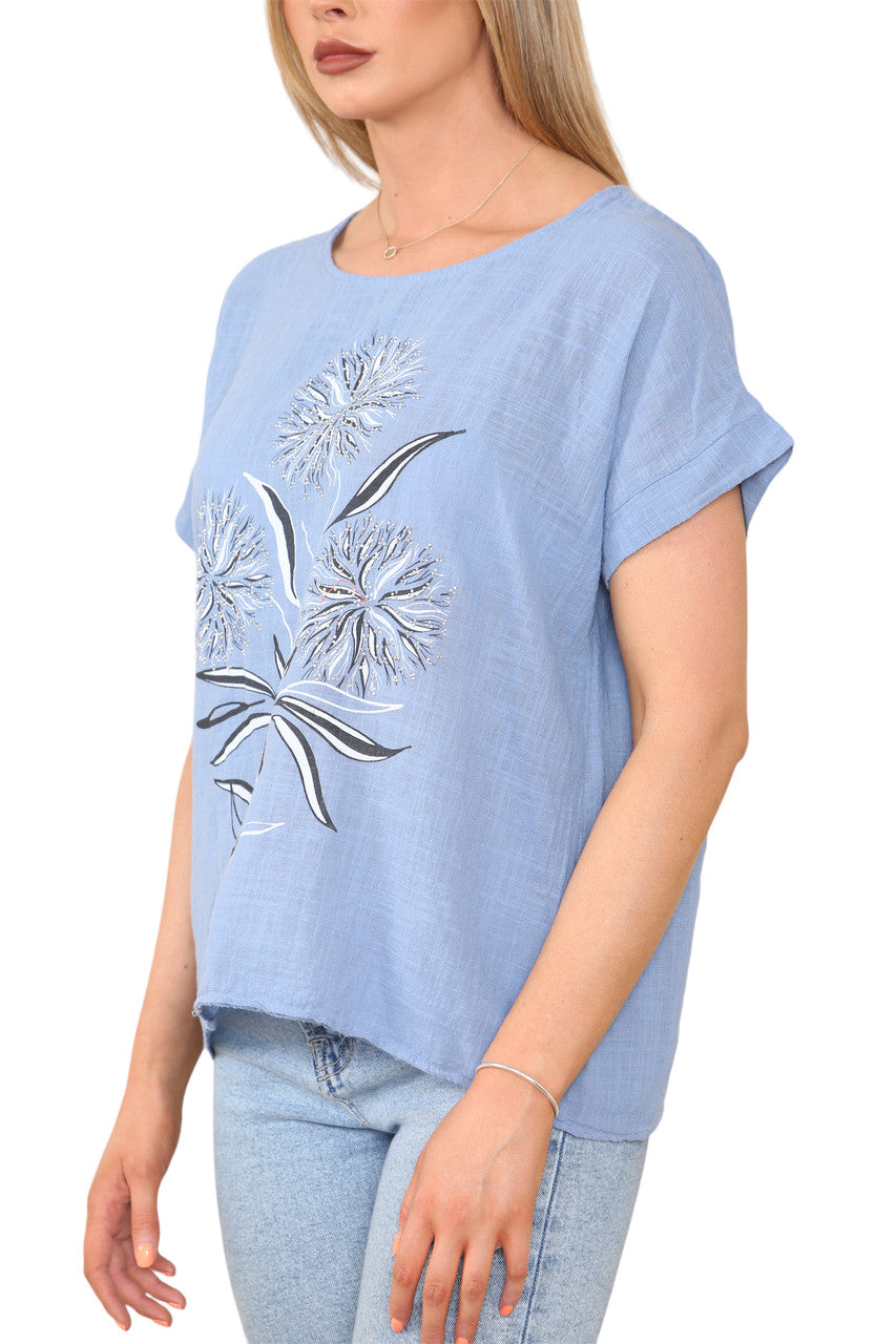 Dames T-shirt met paardenbloem silhouet spijkerbroekprint