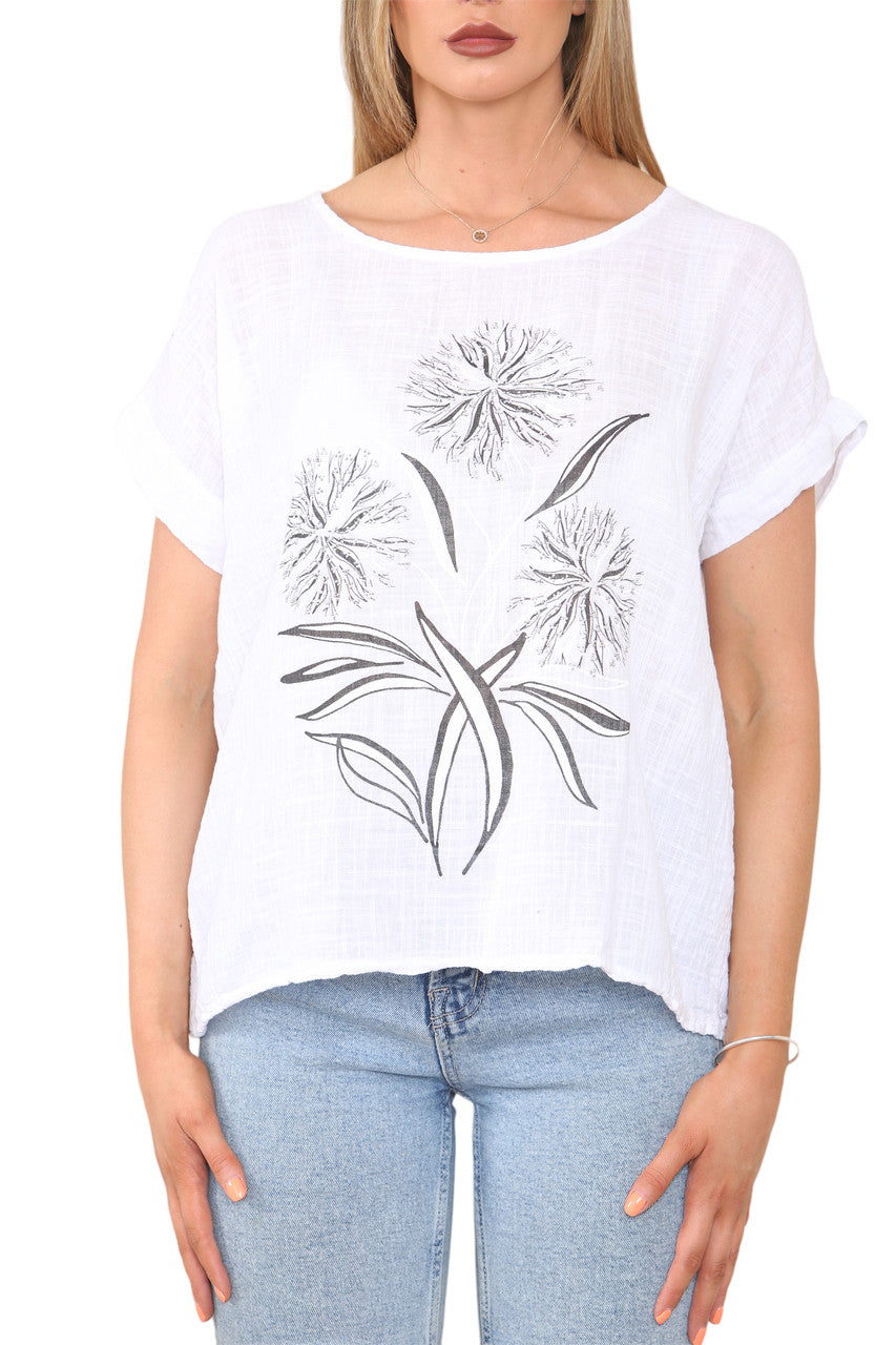 Ladies Dandelion Silhouette Print Top White