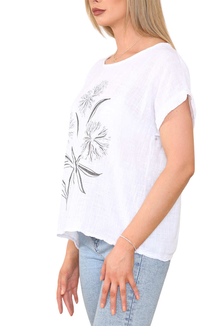 Ladies Dandelion Silhouette Print Top White