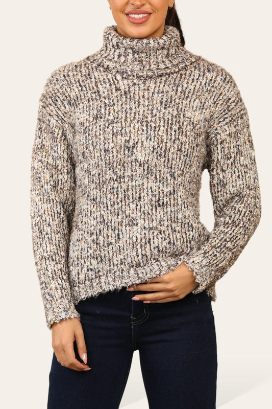 ROLL NECK COLOUR FLECK KNITTED SOFT FLUFFY JUMPER BROWN