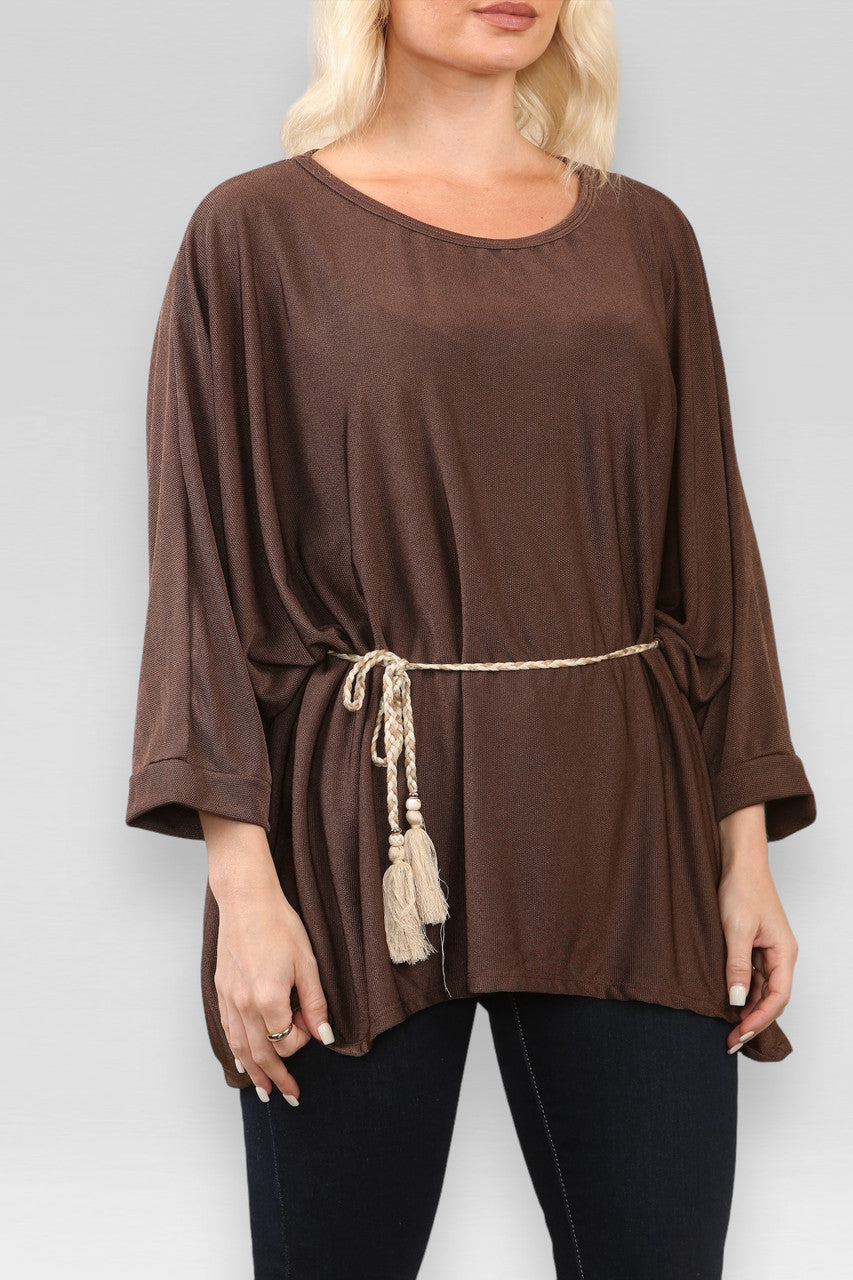 BATWING TOP MET STROPDASRIEM/KETTING CHOCOLADEBRUIN