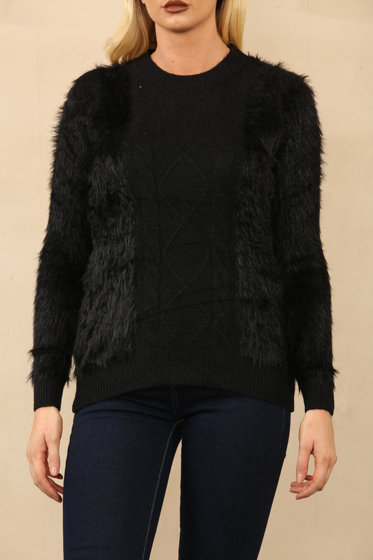 FLUFFY CABLE KNIT JUMPER BLACK
