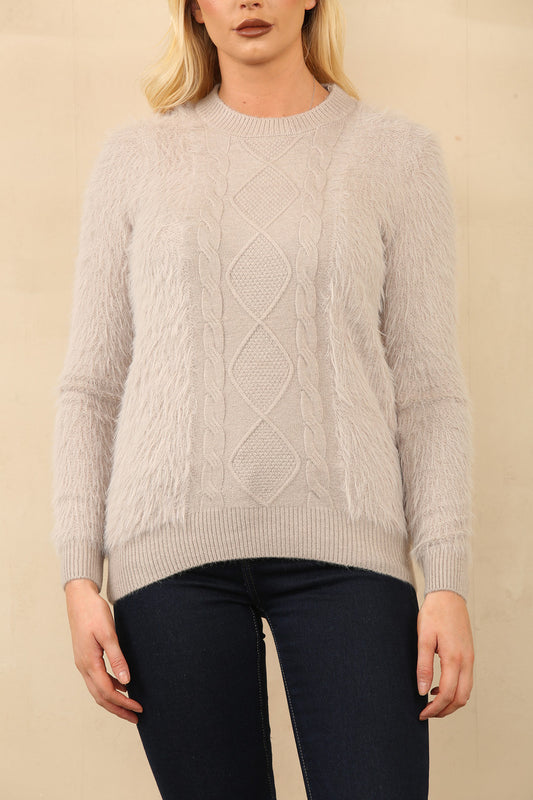 FLUFFY CABLE KNIT JUMPER TAUPE