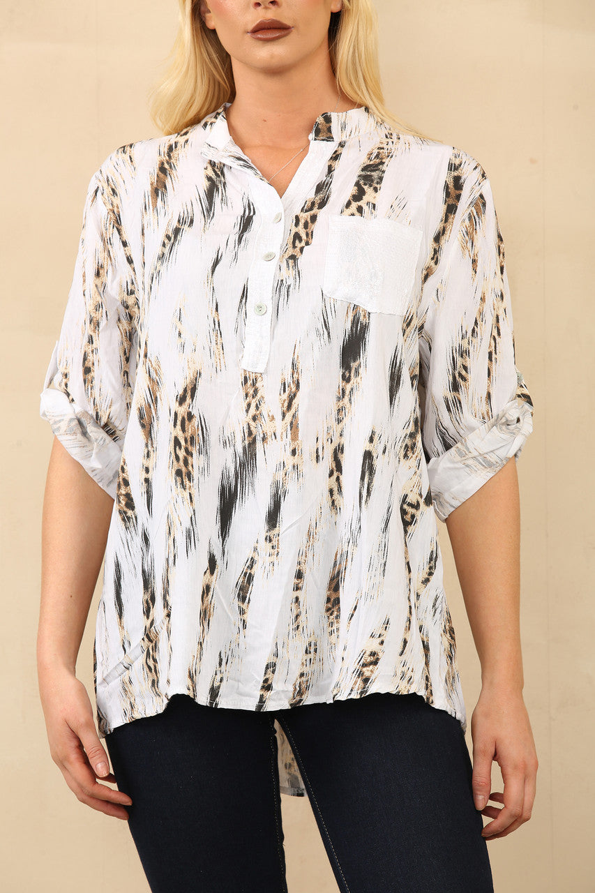 BLOUSE GRANDAD-MODEL MET LEOPAARDEFFECT EN PRINT WIT