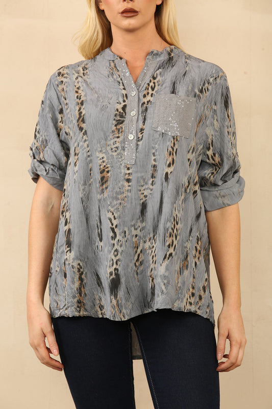 LEOPAARDPRINT OVERHEMD BLOUSE GRIJS