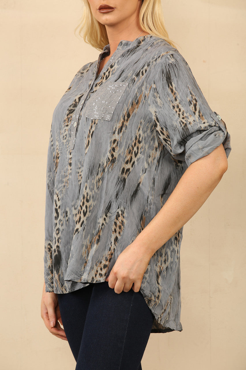 LEOPAARDPRINT OVERHEMD BLOUSE GRIJS