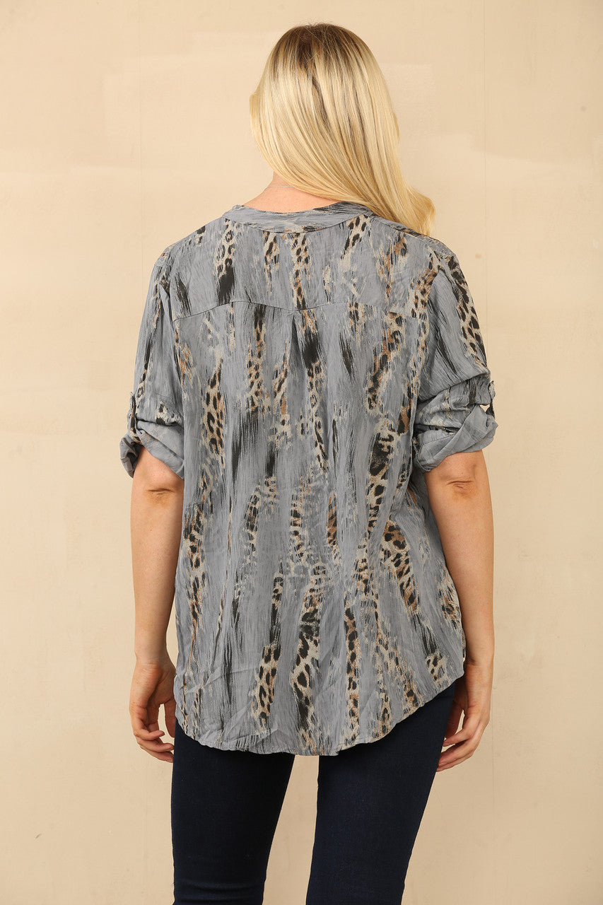 LEOPAARDPRINT OVERHEMD BLOUSE GRIJS