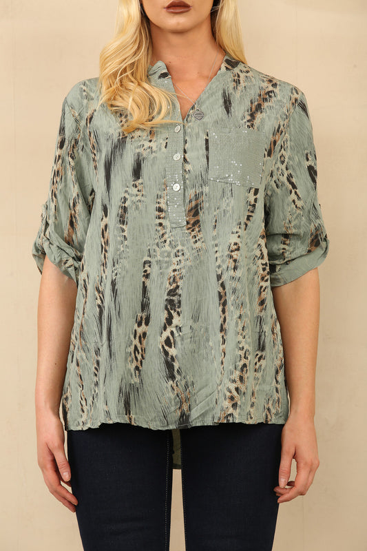 LEOPARD EFFECT PRINT GRANDAD SHIRT BLOUSE KHAKI