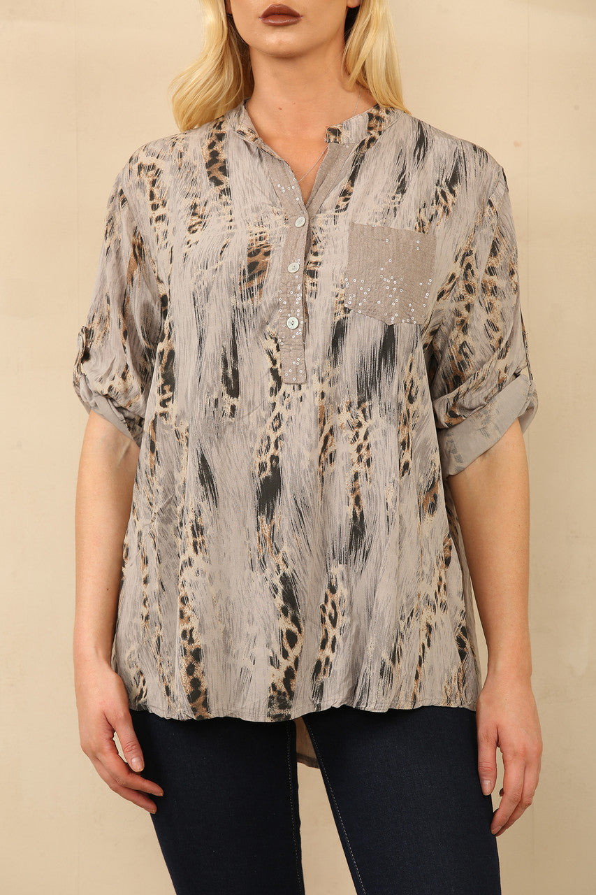 BLOUSE MET LEOPAARDEFFECT GRANDAD-KRAAG TAUPE