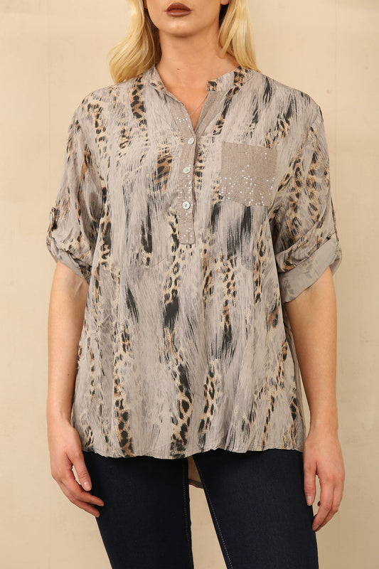 LEOPARD EFFECT PRINT GRANDAD SHIRT BLOUSE TAUPE