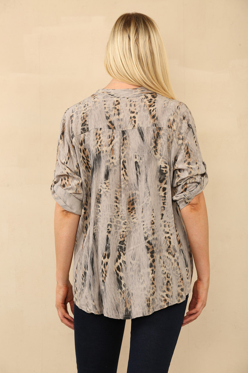 BLOUSE MET LEOPAARDEFFECT GRANDAD-KRAAG TAUPE