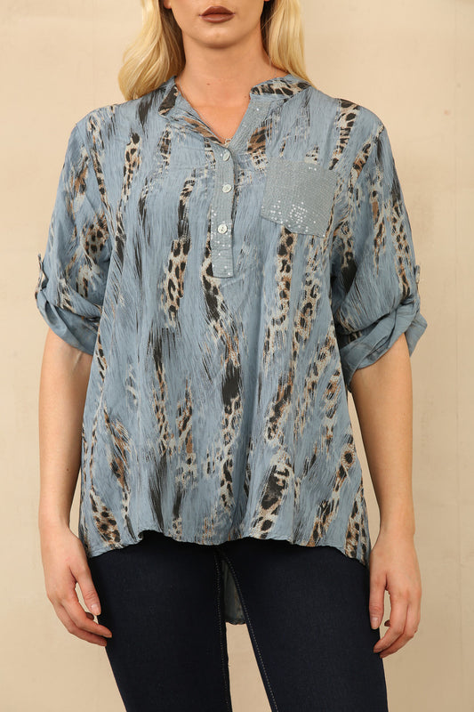 LEOPARD EFFECT PRINT GRANDAD SHIRT BLOUSE DENIM