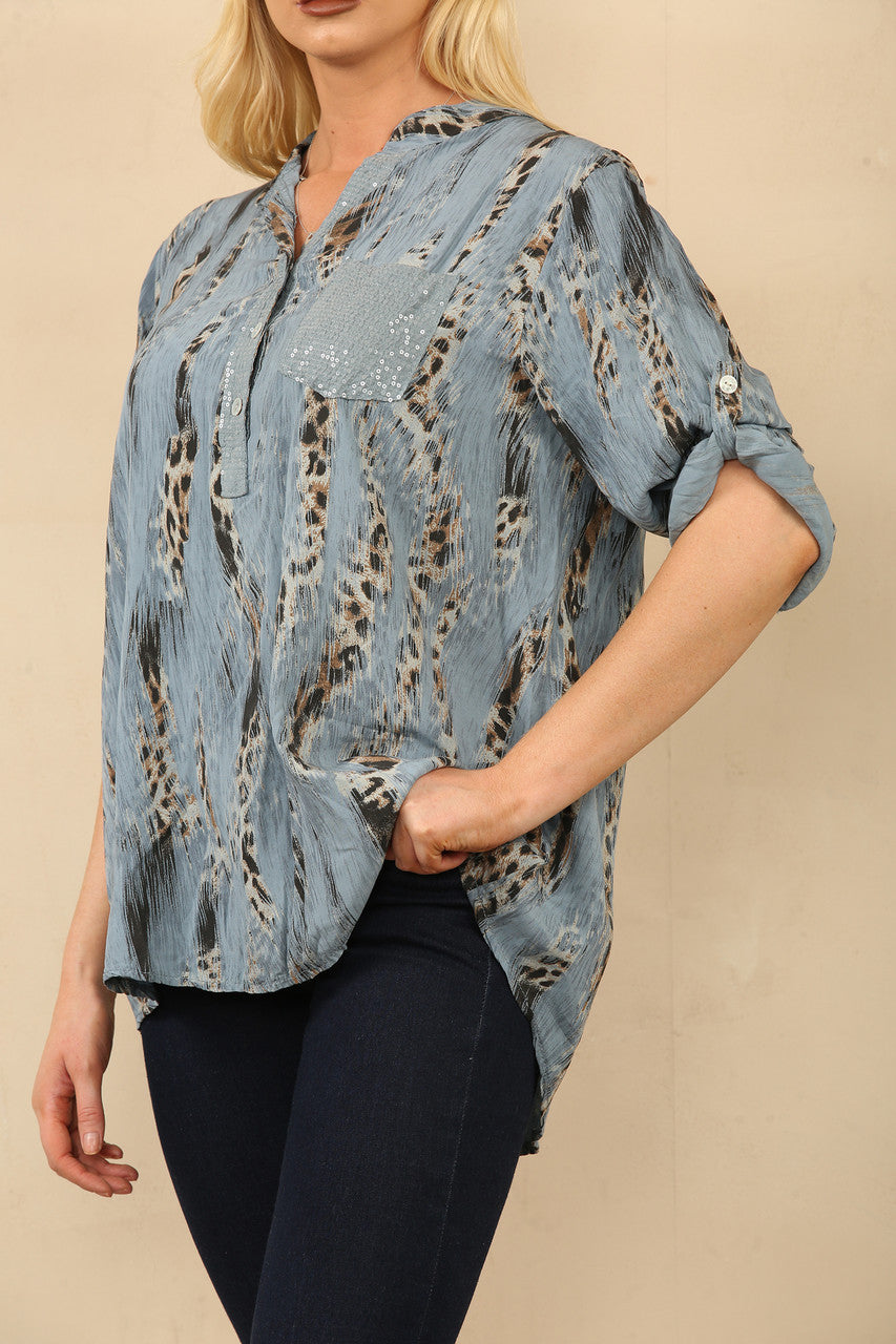 LEOPARD EFFECT PRINT GRANDAD SHIRT BLOUSE DENIM