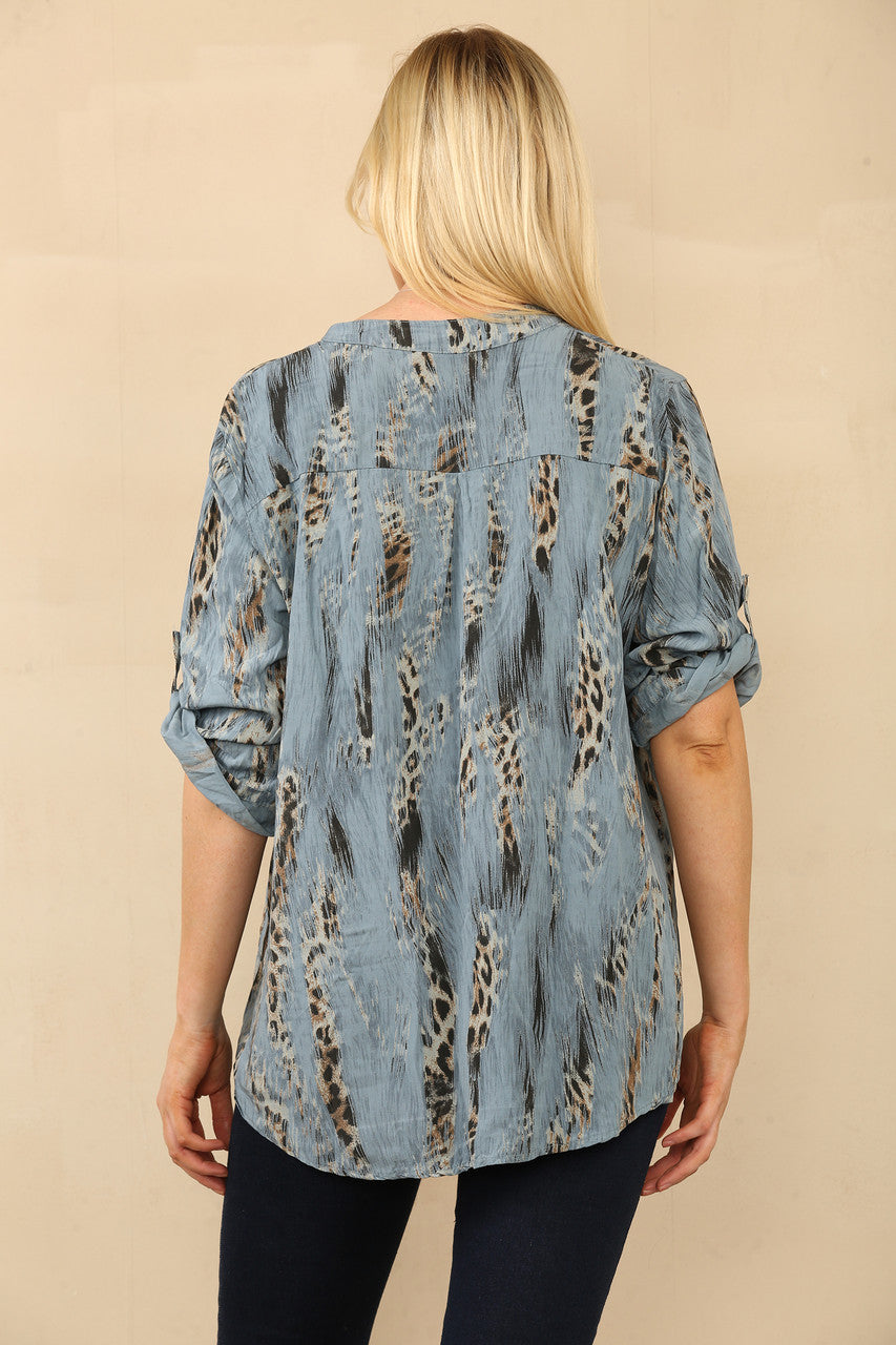 LEOPARD EFFECT PRINT GRANDAD SHIRT BLOUSE DENIM