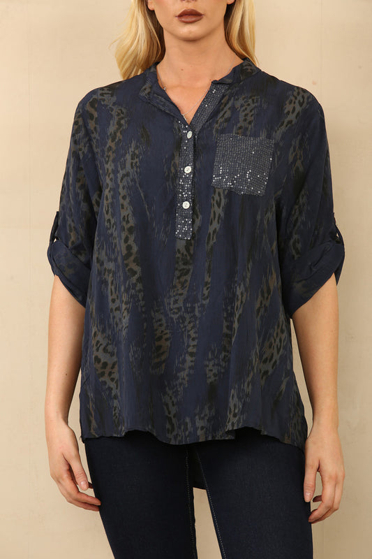 LEOPARD EFFECT PRINT GRANDAD SHIRT BLOUSE NAVY