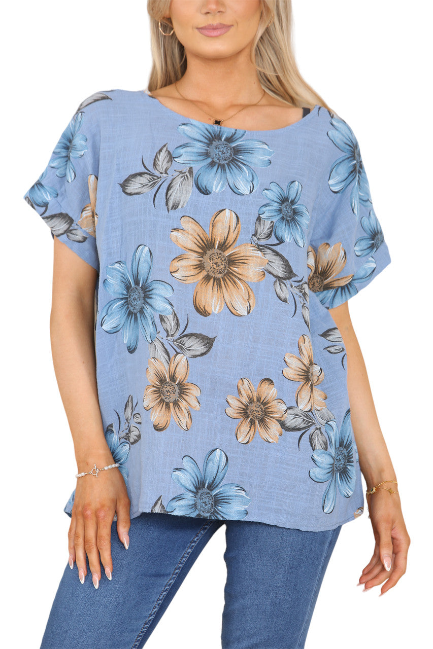 Ladies Daisy Print Top Denim