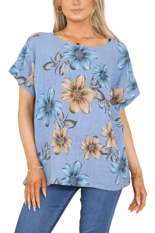 Ladies Daisy Print Top Denim